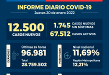 COVID-19: Se reportan 12.500 nuevos casos y 96.981 exámenes a nivel nacional en las últimas 24 horas con una positividad de 11,69%